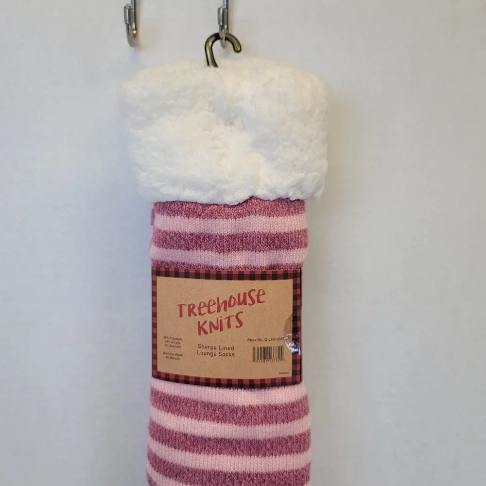 Treehouse Knits Women's Sherpa Lined Lounge Socks Pink Stripe Fox Size 9-11